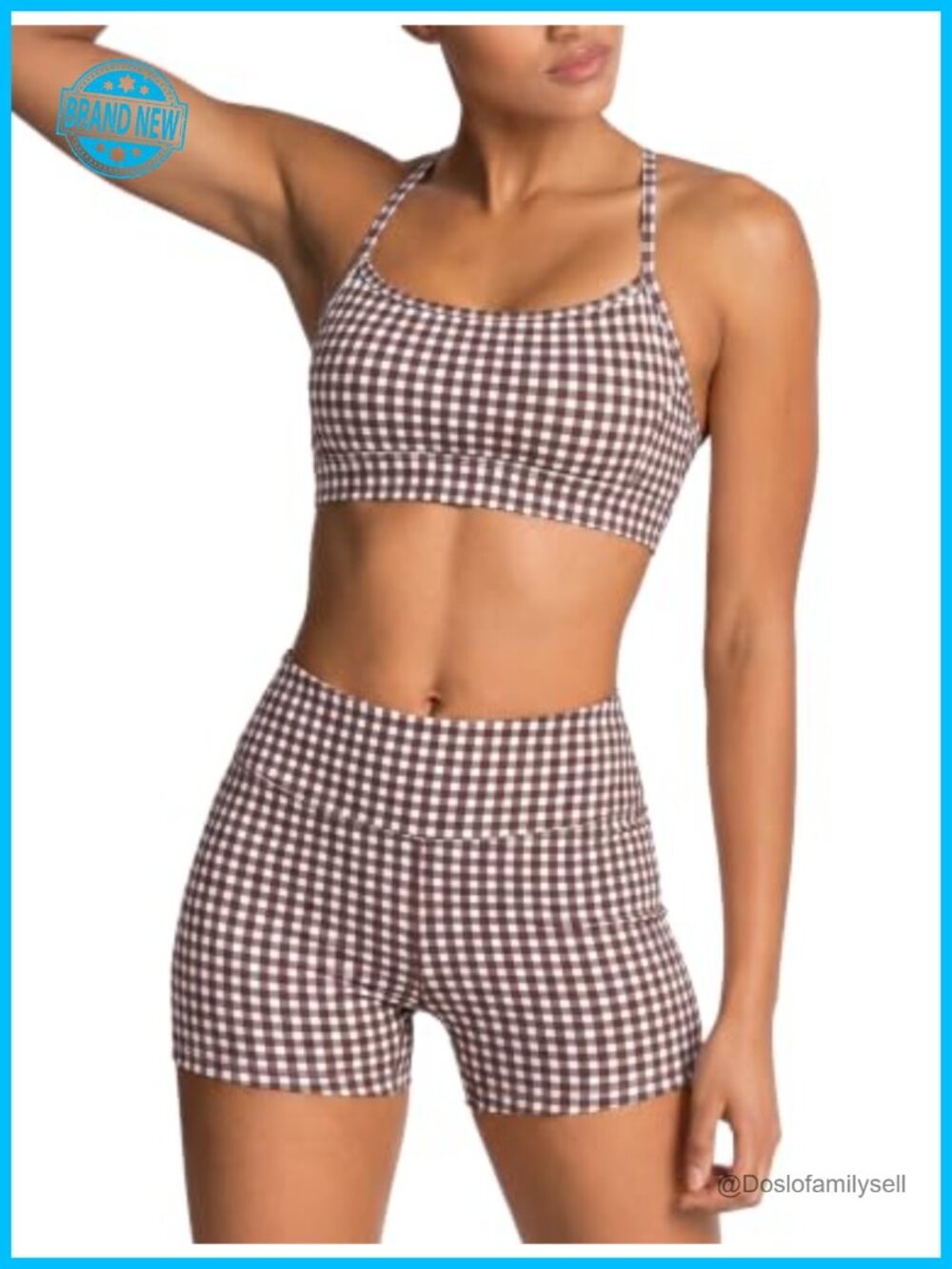 Gingham Workout Set 2 Piece Cross Back Sports Bra Biker Shorts
